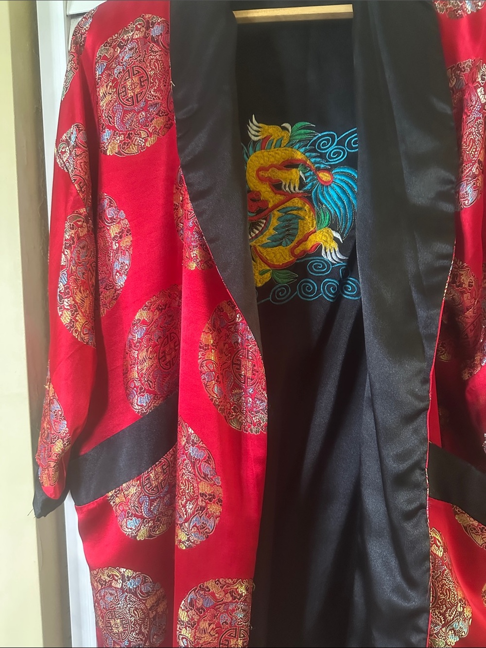 Red Satin Kimono-Style Jacket with Dragon Embroidery